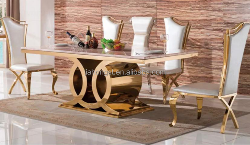 Luxury Visionnaire Gold Stainless Steel Dining Table with Travertine Marble Top Modern Design Big Size for Hotels or Home Use