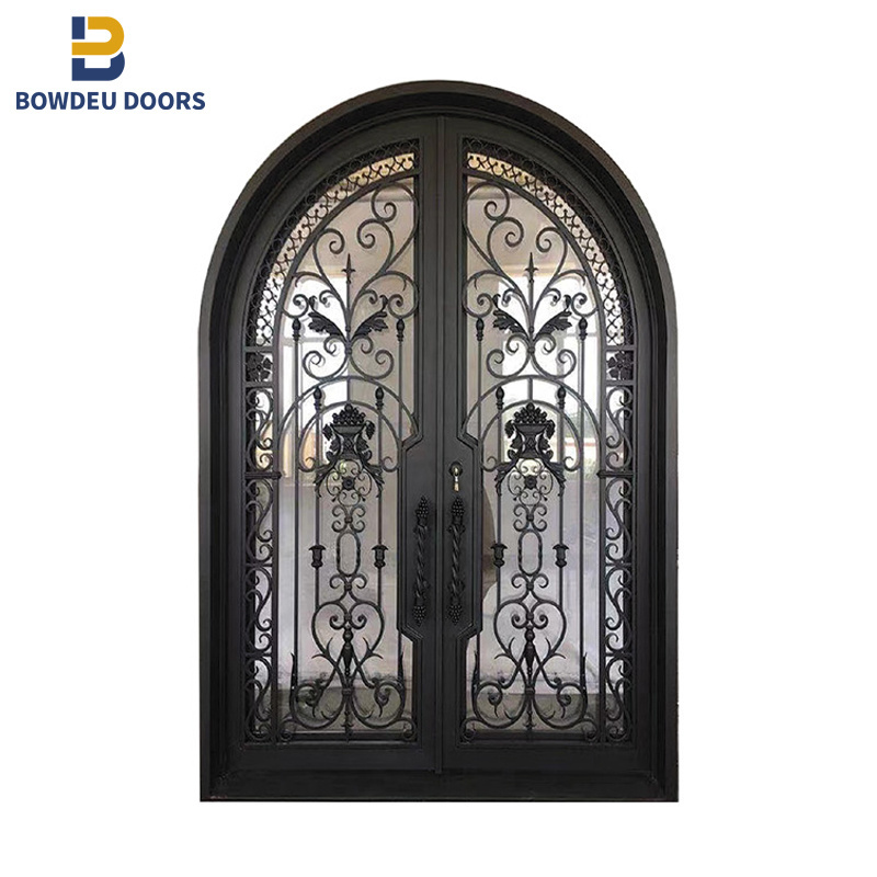 Bowdue Cast Wrought Iron Entry Door Double Iron Gate For Houses Front Arch Entry Iron Doors Villa Main Cast Entry Door Exterior