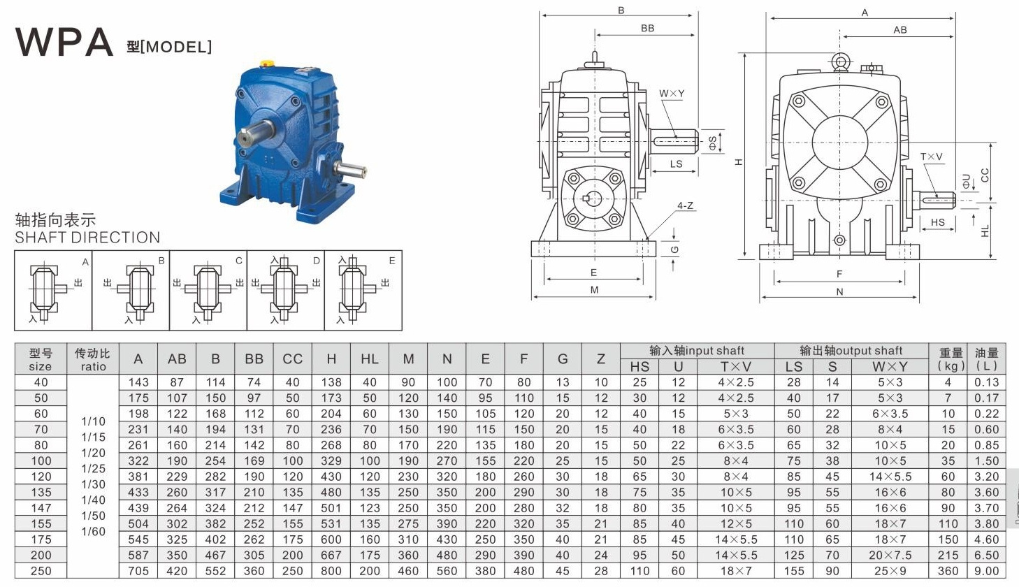 Custom Gear Speed Reducers 10-60 ratio WPA Worm Gearbox single speed Reducer