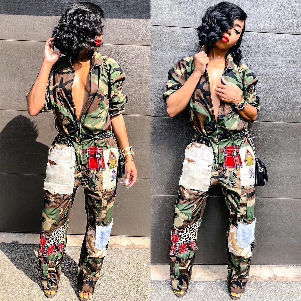 2019 New Trendy Thick Camo Romper Casual Patchwork Camouflage Printed Jumpsuit