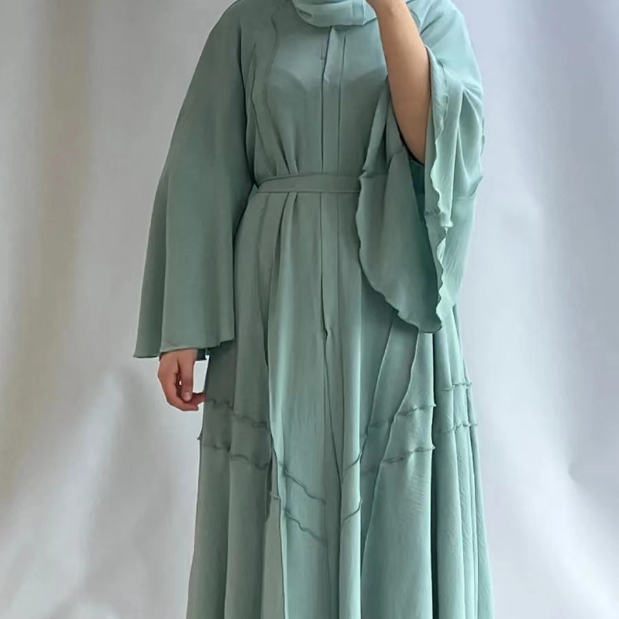 Latest Belts Design Islamic Clothes Women New Season Button Down Crinkled Maxi Dress Muslim Abaya Kaftan long Gown 2022