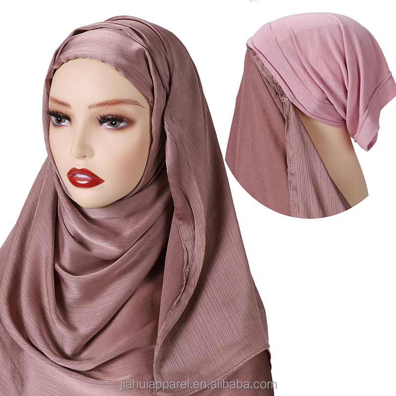 2022 New Malaysia One piece Instant satin Hijab Ready To wear crepe satin Scarf Shawl With Inner Jersey Bonnet tube cap