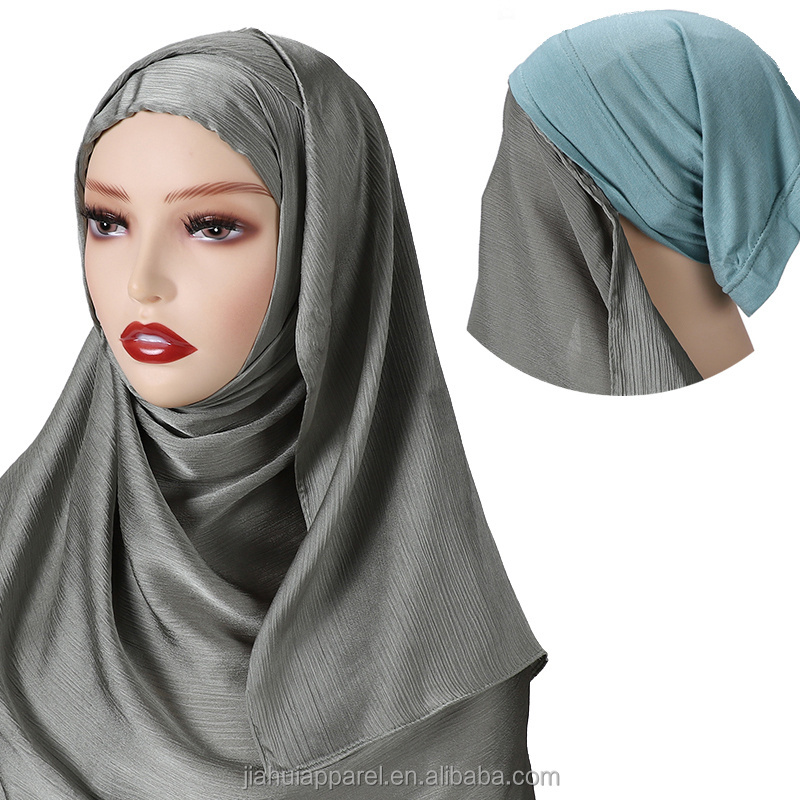 2022 New Malaysia One piece Instant satin Hijab Ready To wear crepe satin Scarf Shawl With Inner Jersey Bonnet tube cap