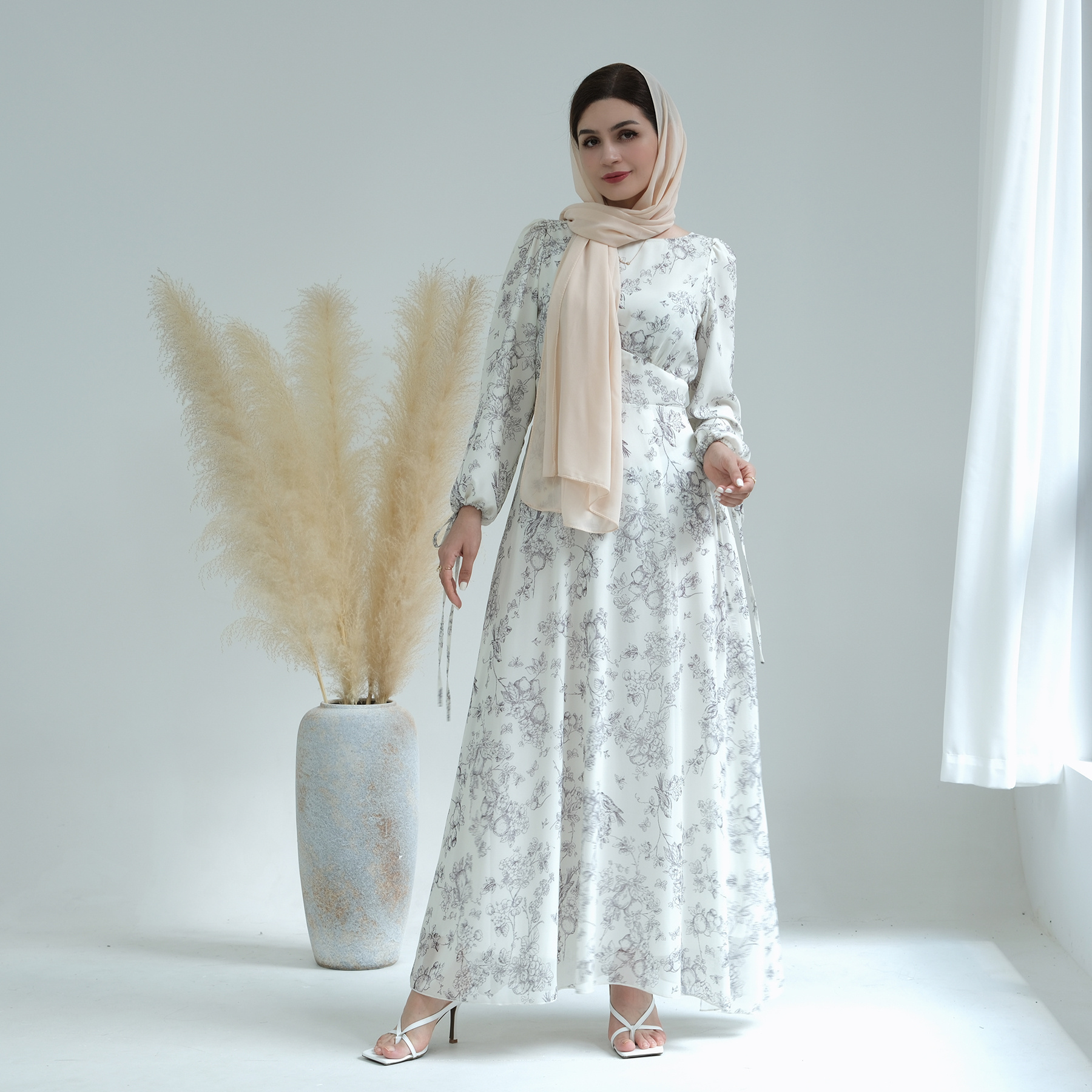 Eid Fashion Chiffon Floral Maxi Dress Turkish Long Sleeve Modest Muslim Dress Islamic Abaya