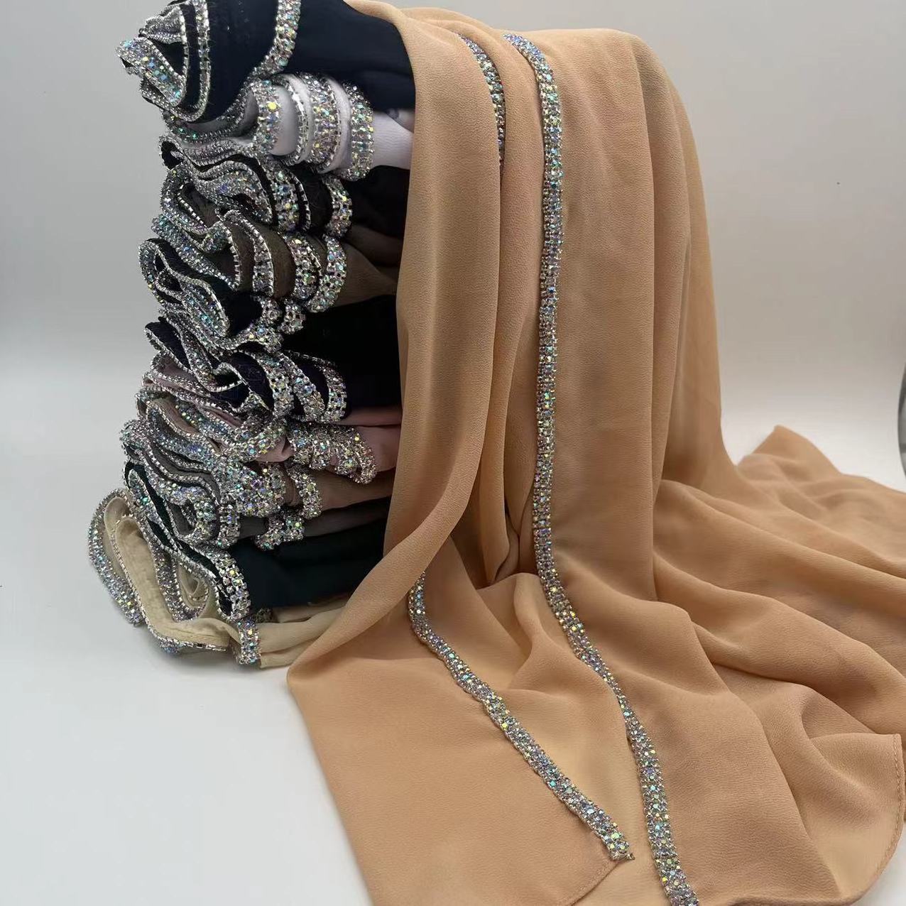 high quality fancy premium chiffon hijab with crystal rhinestone diamond chiffon shawl scarf dubai hijabs wholesale