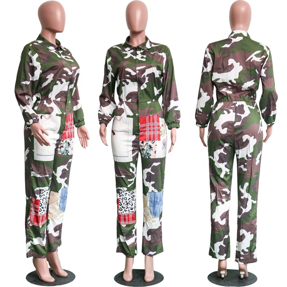 2019 New Trendy Thick Camo Romper Casual Patchwork Camouflage Printed Jumpsuit