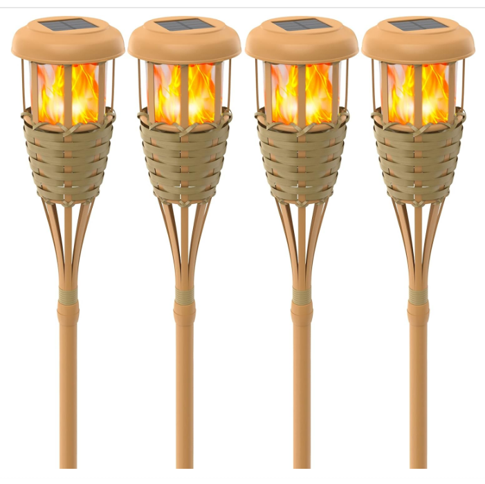 The amber flickering natural flame ignites the solar powered bamboo torch, which warms the flames and is used for landscaping