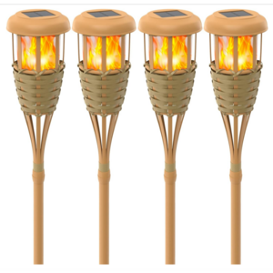 The amber flickering natural flame ignites the solar powered bamboo torch, which warms the flames and is used for landscaping