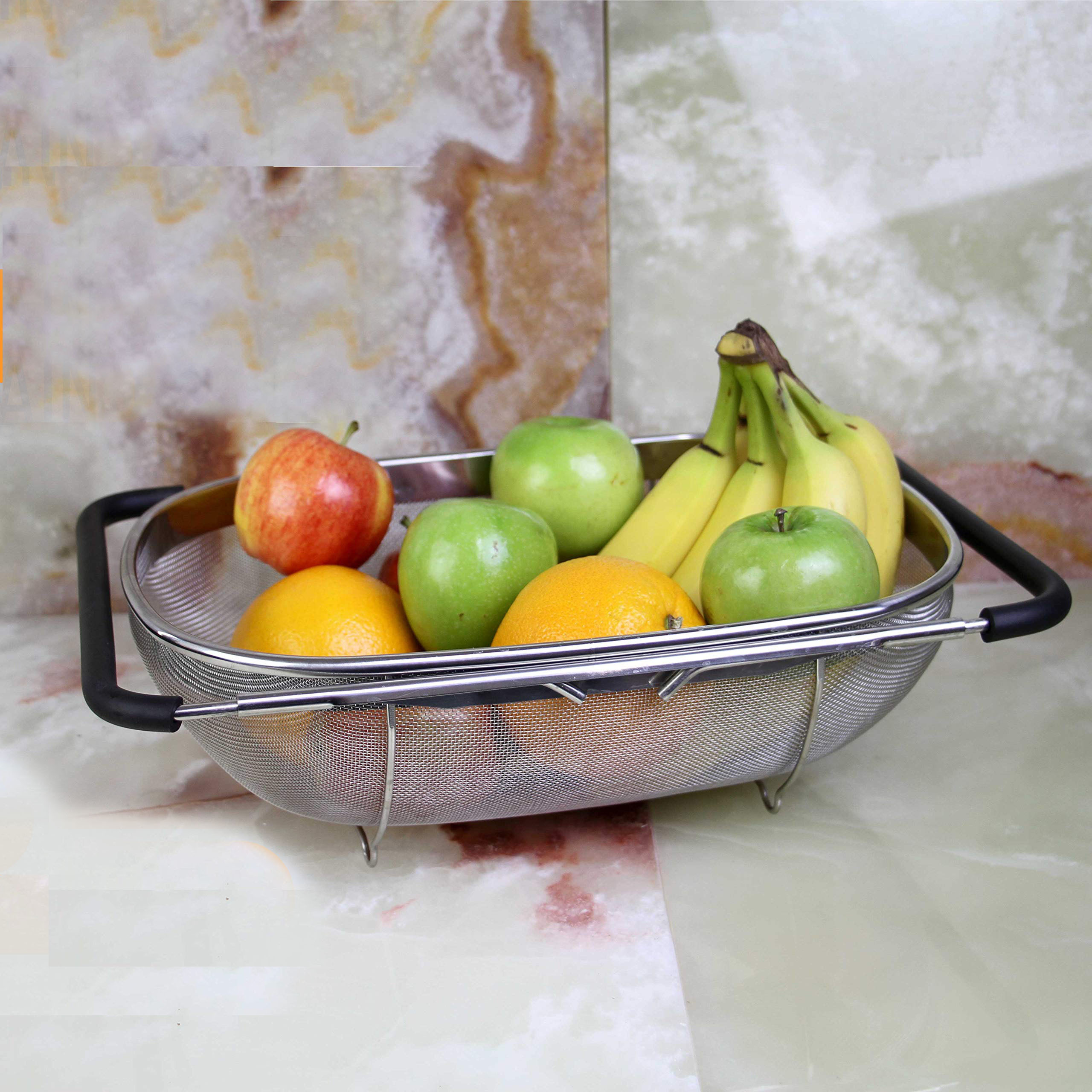 Stainless Steel Fine Mesh Expandable Fruit Vegetables Strainer Over the Sink Colander