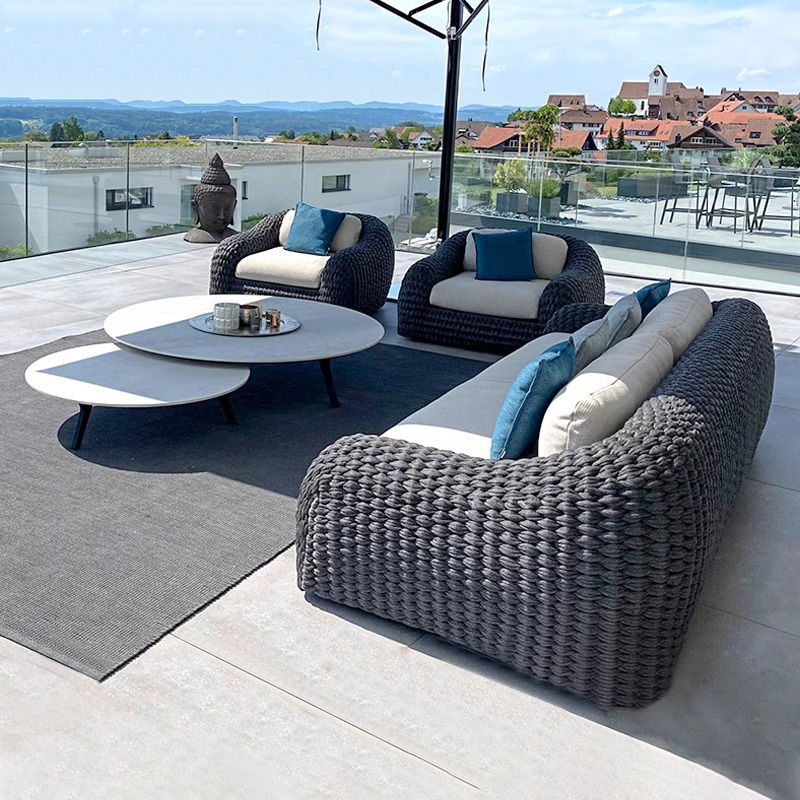 Garden Sun Lounge Set with Small Coffee Table Dark Grey Color Wicker Rattan Style Outdoor Furniture