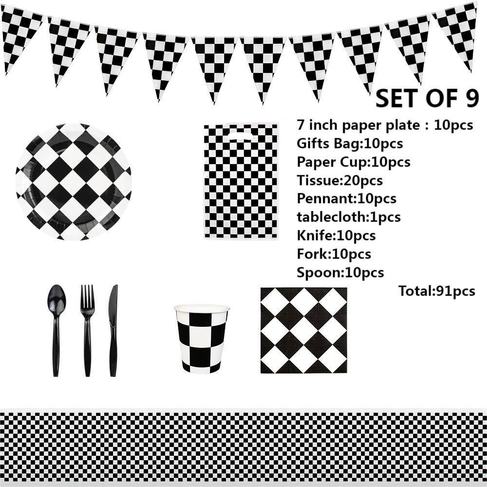 91Pcs Checkered Flag Party Supplies Racing Car Party Plates Black and White Tableware set  Plaid Disposable Dessert Paper