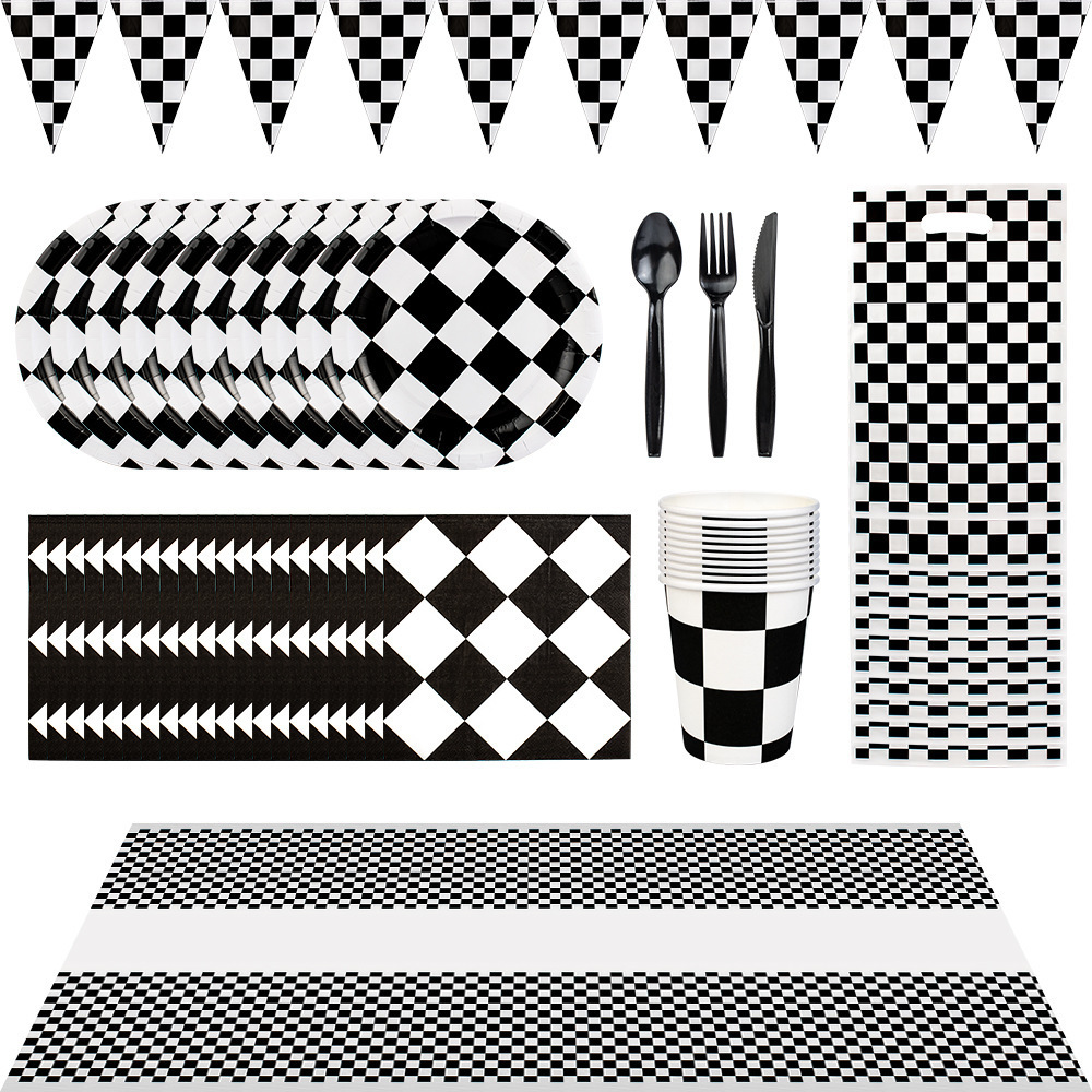 91Pcs Checkered Flag Party Supplies Racing Car Party Plates Black and White Tableware set  Plaid Disposable Dessert Paper