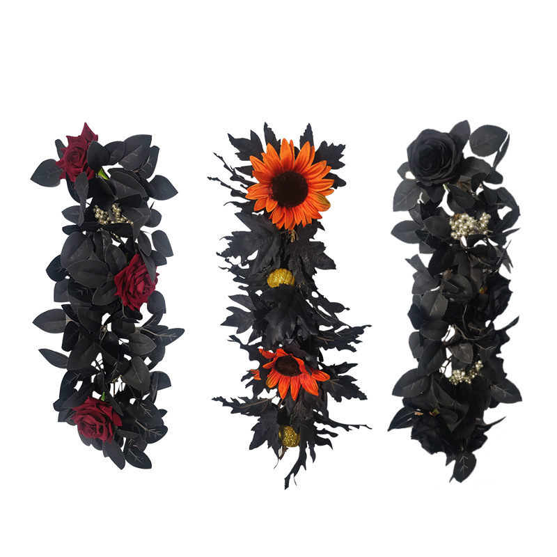 Halloween Garland Fall Wall Hanging Leaves Artificial Fall Decor Black Rose Garland Black Decorations Black Leaf Vine