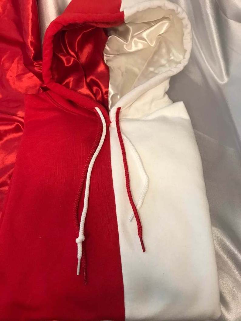 Factory wholesale 2 toned split satin lined hoodie customized sweatsuit silk lined hoodie men's two color hoodies satin lined