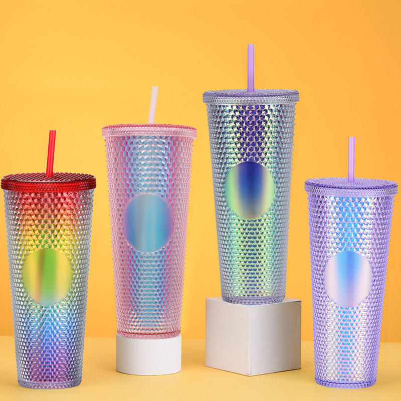 Studded Tumbler With Straw Tumblers Textured Cup BPA-Free Double-Wall Plastic Tumbler for Iced 24 Oz