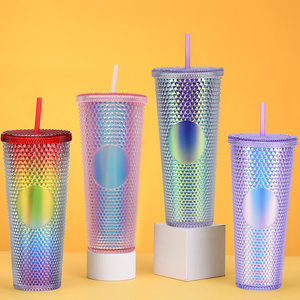 Studded Tumbler With Straw Tumblers Textured Cup BPA-Free Double-Wall Plastic Tumbler for Iced 24 Oz