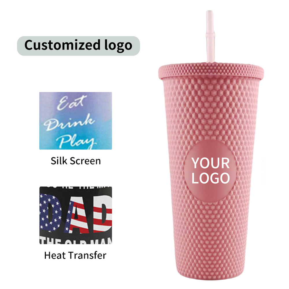 Studded Tumbler With Straw Tumblers Textured Cup BPA-Free Double-Wall Plastic Tumbler for Iced 24 Oz