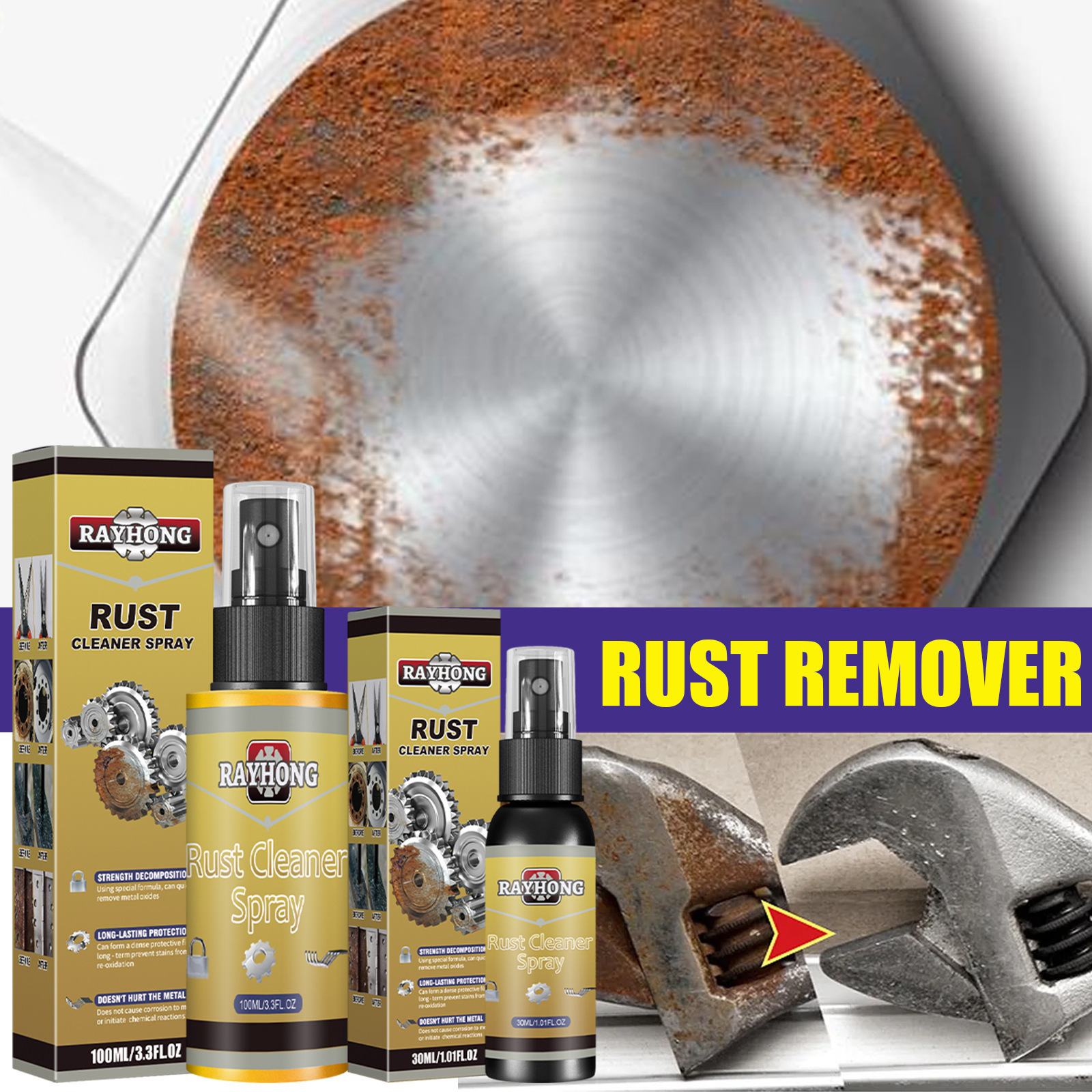 Metal-rust remover spray stainless steel derusting decontaminating kitchen pot bottom car rust remover cleaner spray