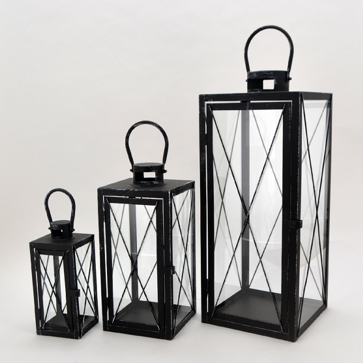 Modern Black Metal Candle Lantern Set of 3 Garden Used Home Outdoor Empty Lanterns