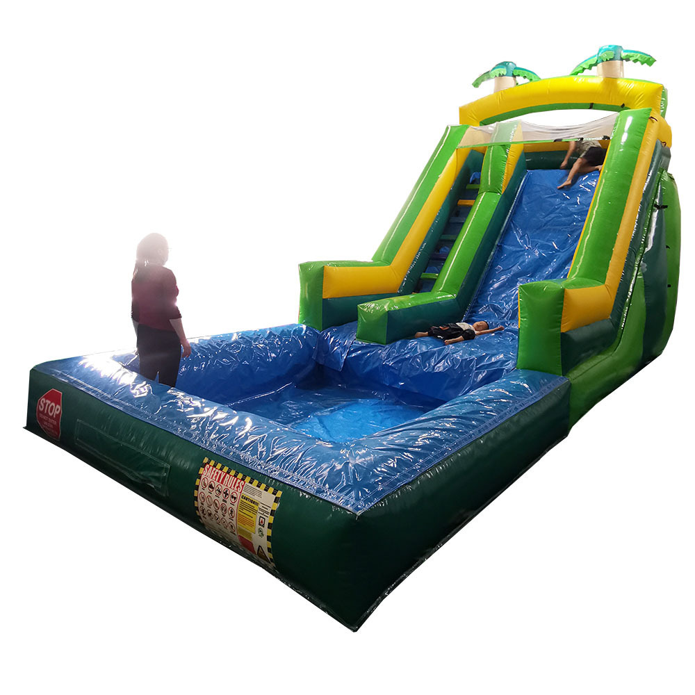 Most Popular New design giant green slip and slide inflatable playground water slide with pool for sale