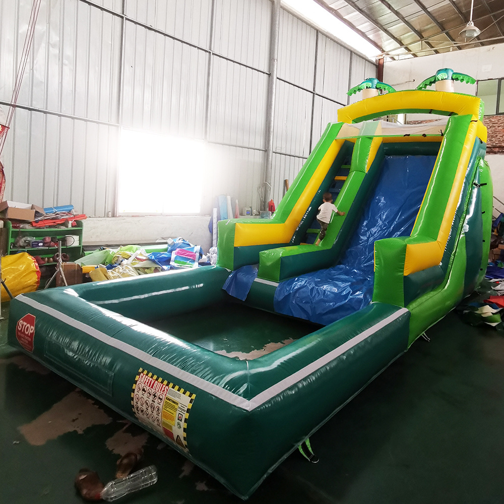 Most Popular New design giant green slip and slide inflatable playground water slide with pool for sale