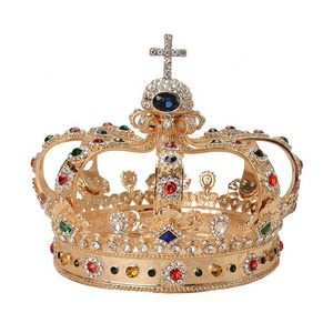 New Cross King gold Round Crown Vintage Alloy Colored Rhinestone Men's Full Crown