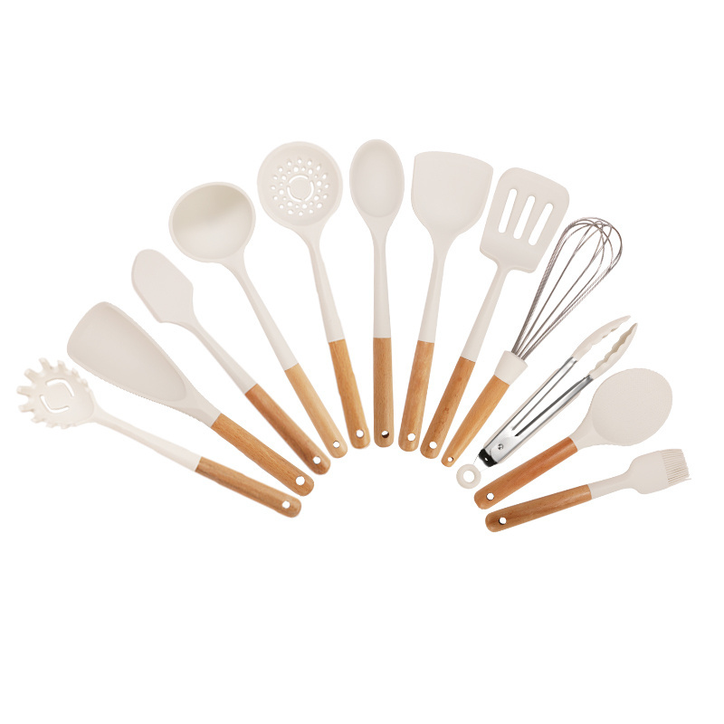 Wholesale Kitchen Accessories Non Stick Cooking Tools 13 piece Silicone kitchen Utensils Set White Wood Handle Silicone