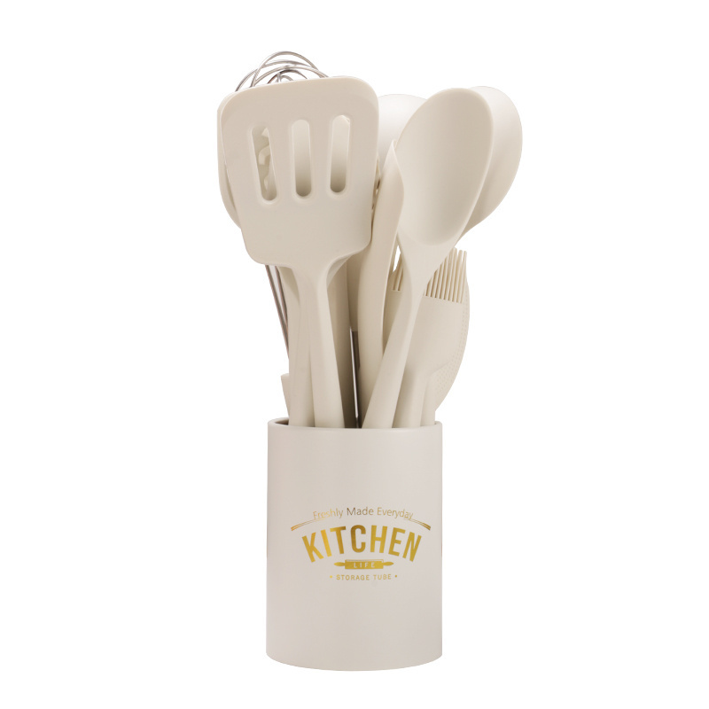 Wholesale Kitchen Accessories Non Stick Cooking Tools 13 piece Silicone kitchen Utensils Set White Wood Handle Silicone