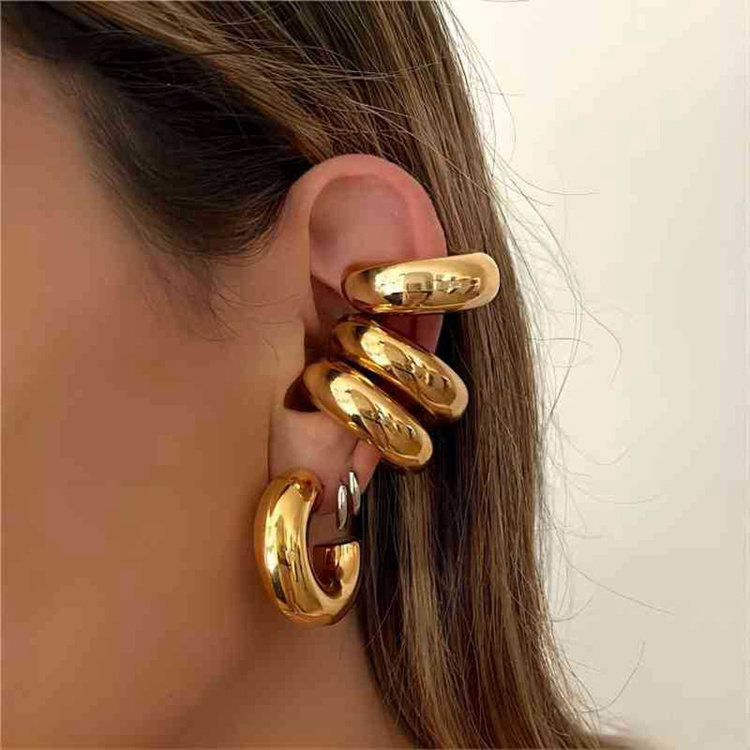 Punk Style Gold Plated Stainless Steel Earrings Thick Hollow Hoop Earrings Wide Tube Chunky Ear Cuff for Women