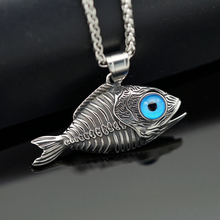 Fashion Stainless Steel Vintage Gothic Bloody Personality Blue Evil Eyes Skull Fish Necklace Fine Fisherman Fish Pendant for Men