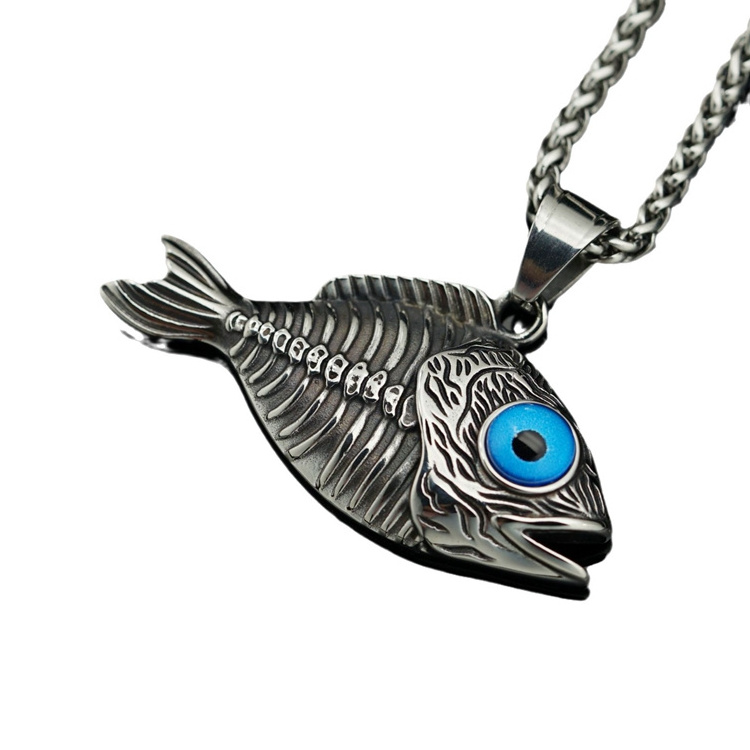 Fashion Stainless Steel Vintage Gothic Bloody Personality Blue Evil Eyes Skull Fish Necklace Fine Fisherman Fish Pendant for Men