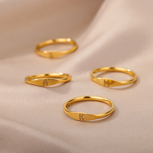 New Fashion In stock Luxury 18k Gold Plated Stainless Steel Letter Engraved Dainty Fine Jewelry Rings for Women Men