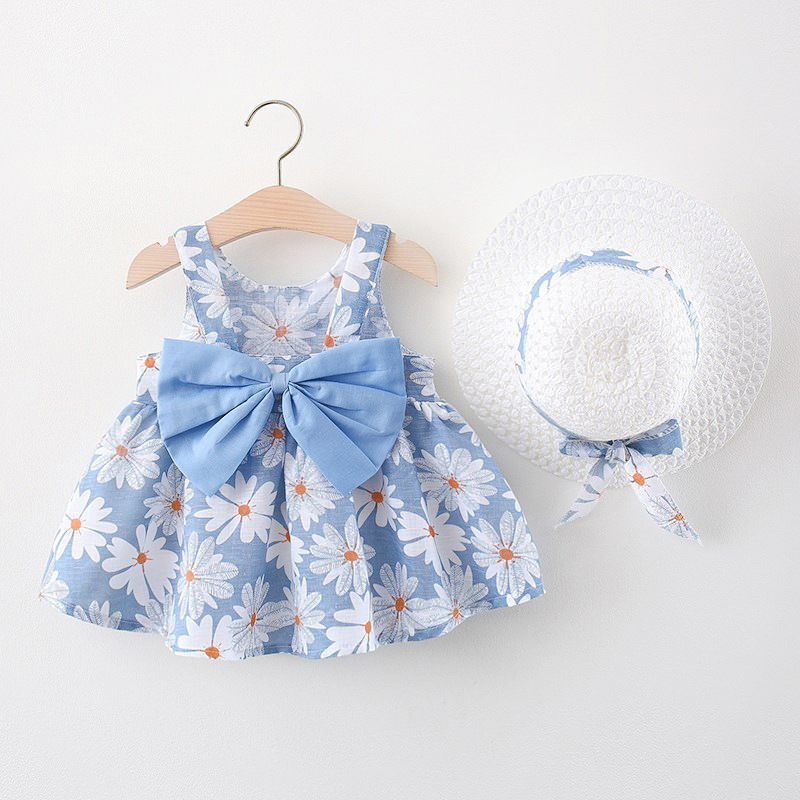 Summer Sleeveless Beach Thin Light Sweet Kids Dress Sarafan Floral Cheap Flower Cotton Toddlers Baby Girls Casual Dress with Hat