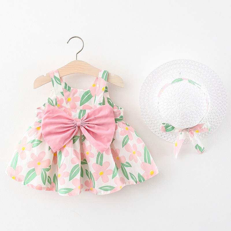 Summer Sleeveless Beach Thin Light Sweet Kids Dress Sarafan Floral Cheap Flower Cotton Toddlers Baby Girls Casual Dress with Hat