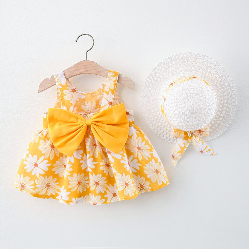 Summer Sleeveless Beach Thin Light Sweet Kids Dress Sarafan Floral Cheap Flower Cotton Toddlers Baby Girls Casual Dress with Hat