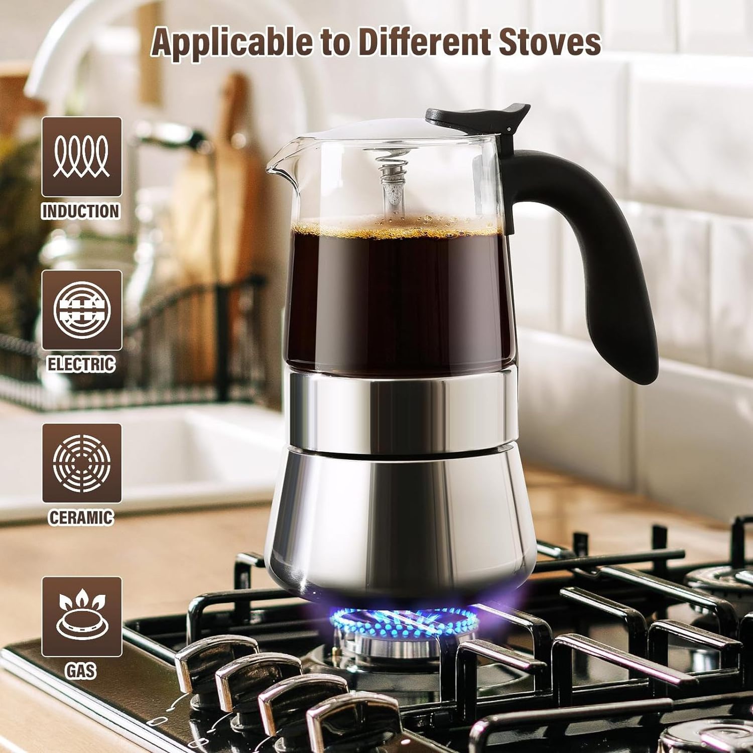 Moka Pot Induction Stovetop Espresso Maker, Borosilicate Glass & Stainless Steel Moka Pot