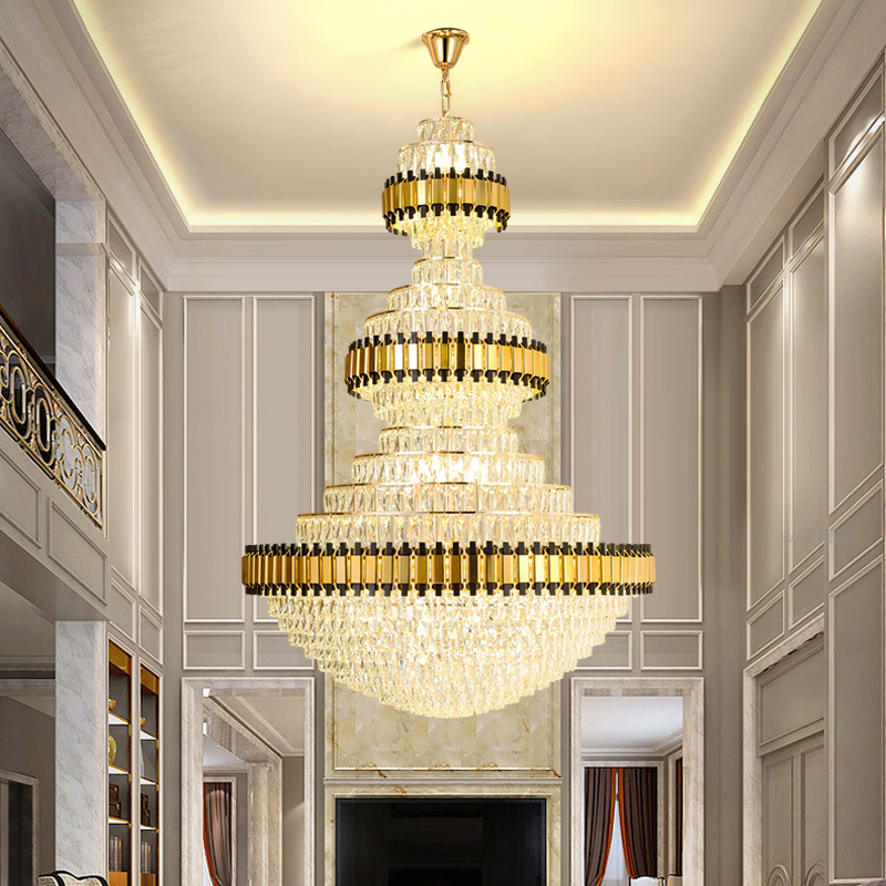 Modern High Ceiling Luxury Hotel Stair Lights K9 Crystal Pendant Lamp E14 E12 Villa Staircase Chandelier Lighting