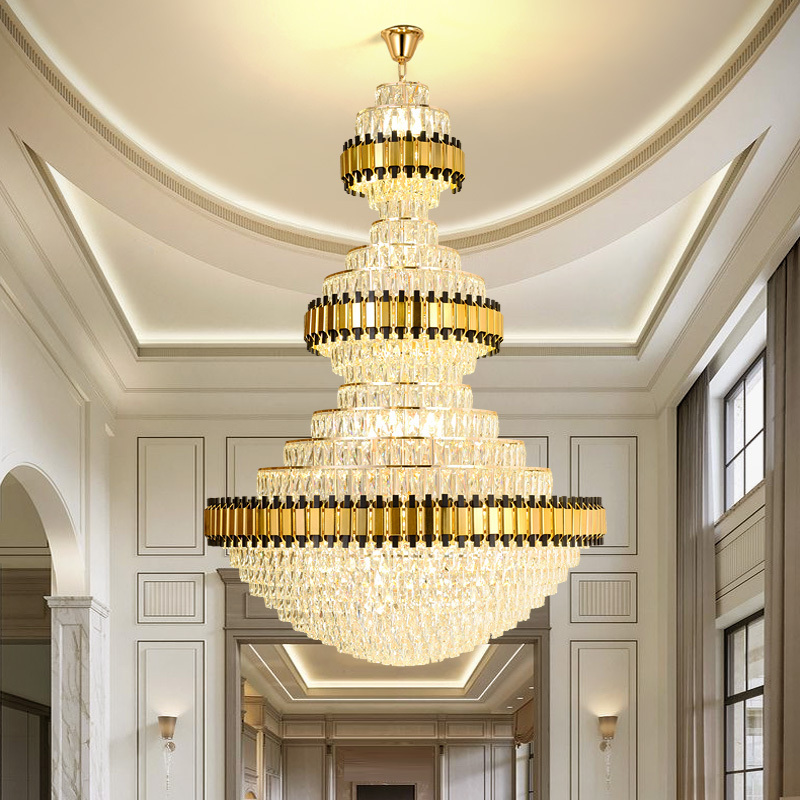 Modern High Ceiling Luxury Hotel Stair Lights K9 Crystal Pendant Lamp E14 E12 Villa Staircase Chandelier Lighting