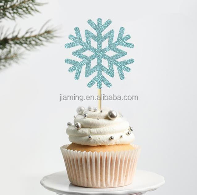 cake decorating supplies winter Christmas silver blue snowflake cake topper winter theme party decoration cake plug-in