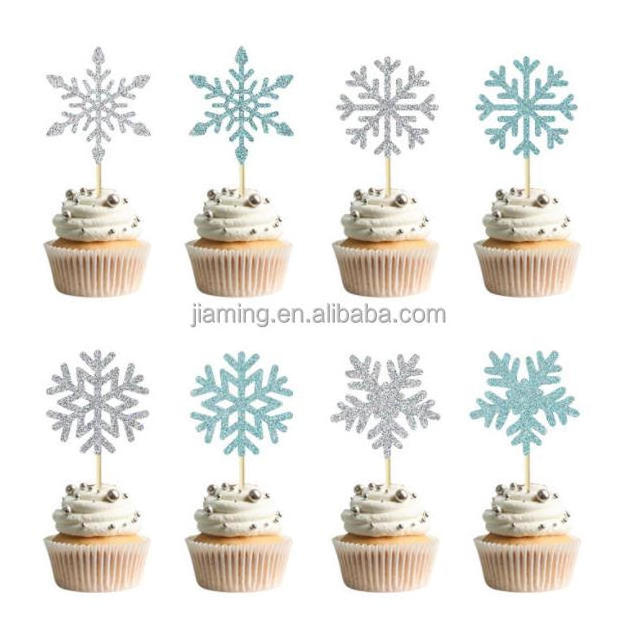 cake decorating supplies winter Christmas silver blue snowflake cake topper winter theme party decoration cake plug-in