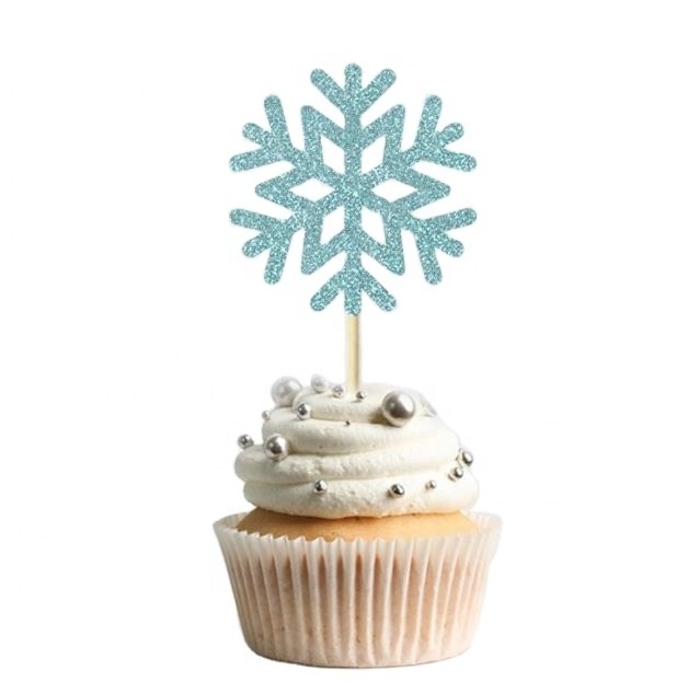 cake decorating supplies winter Christmas silver blue snowflake cake topper winter theme party decoration cake plug-in