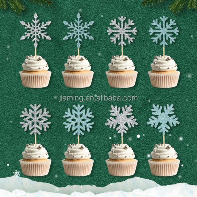 cake decorating supplies winter Christmas silver blue snowflake cake topper winter theme party decoration cake plug-in