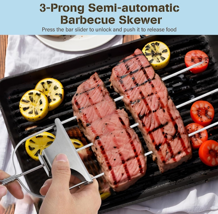 Prong Skewers for Grilling Stainless Steel Kebab Metal Grill Skewers Easy-to-Use Push Bar Slider kabab skewers stainless steel