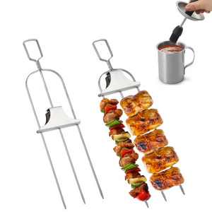 Prong Skewers for Grilling Stainless Steel Kebab Metal Grill Skewers Easy-to-Use Push Bar Slider kabab skewers stainless steel