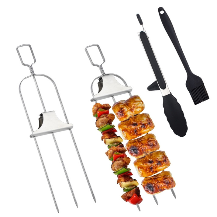 Prong Skewers for Grilling Stainless Steel Kebab Metal Grill Skewers Easy-to-Use Push Bar Slider kabab skewers stainless steel