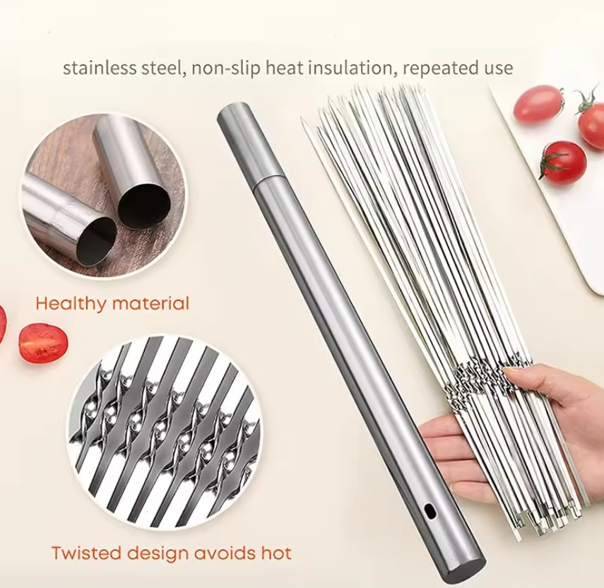 Shish Kebab BBQ Grill Shish Kebab Slicer Grill Skewers with Portable Metal Storage Tube Stainless Steel Barbecue Skewer