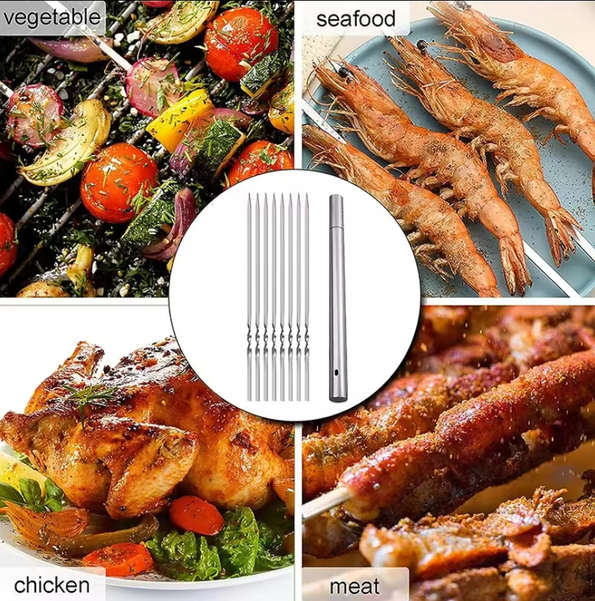 Shish Kebab BBQ Grill Shish Kebab Slicer Grill Skewers with Portable Metal Storage Tube Stainless Steel Barbecue Skewer