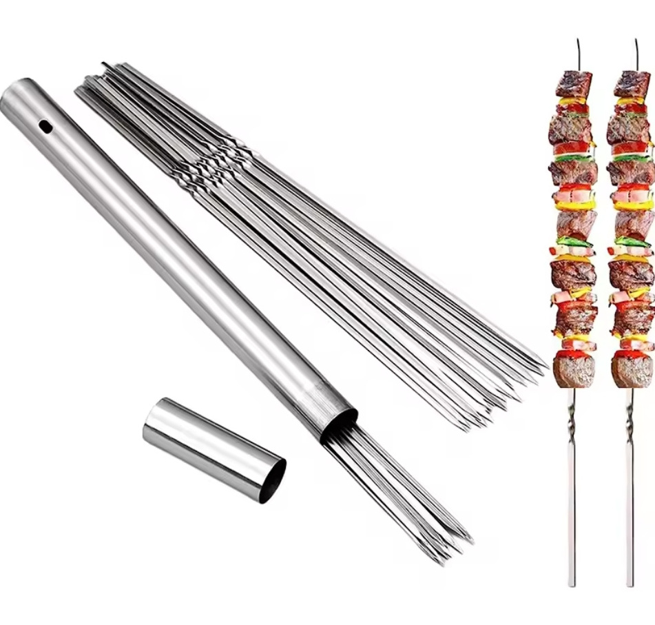 Shish Kebab BBQ Grill Shish Kebab Slicer Grill Skewers with Portable Metal Storage Tube Stainless Steel Barbecue Skewer