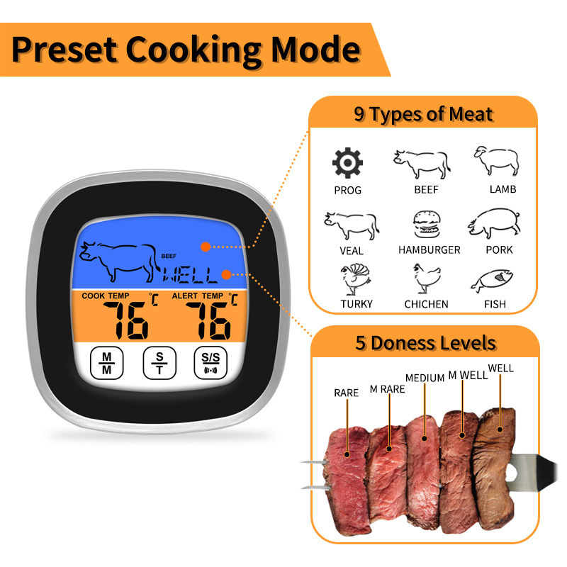 BBQ Barbecue Digital Electronic Thermometer with Timer LCD Food Meat Thermometer Stainless Steel Plastic Instant Read Room Use