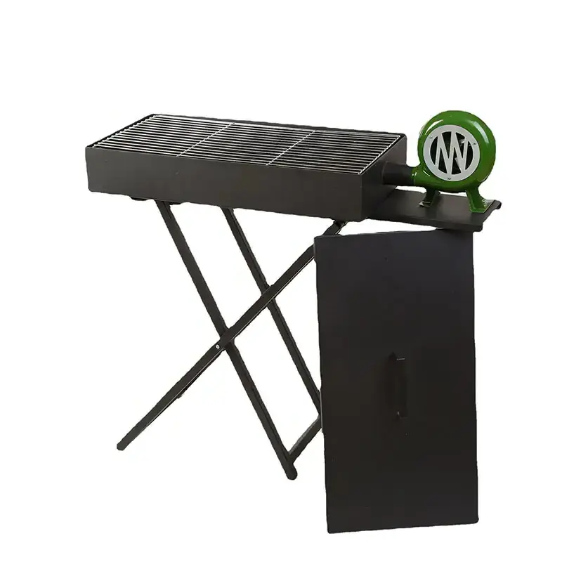 portable folding charcoal BBQ grill camping steel with manual blower